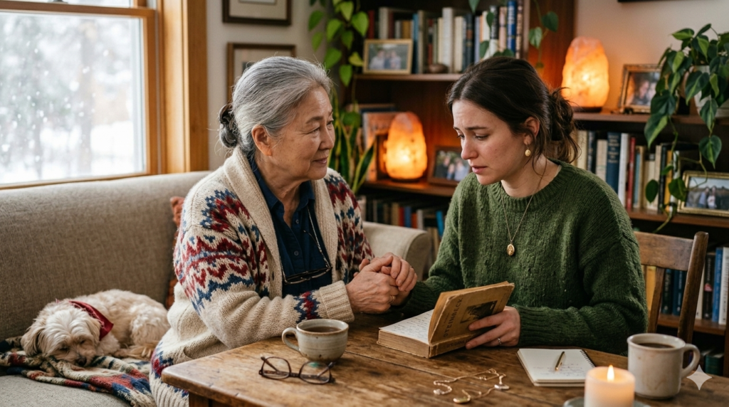  indebted 뜻 영어 표현 비교 장면. 도움을 받고 고민하는 인물, 따뜻한 분위기