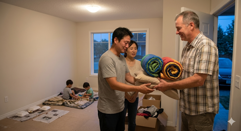 캐나다 이웃이 텅 빈 집의 한국인 가족에게 침낭을 건네는 장면