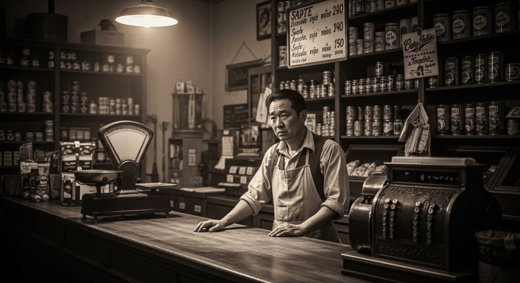 I owe you one 뜻 — 통조림 공장가 리청의 식료품 가게 장면