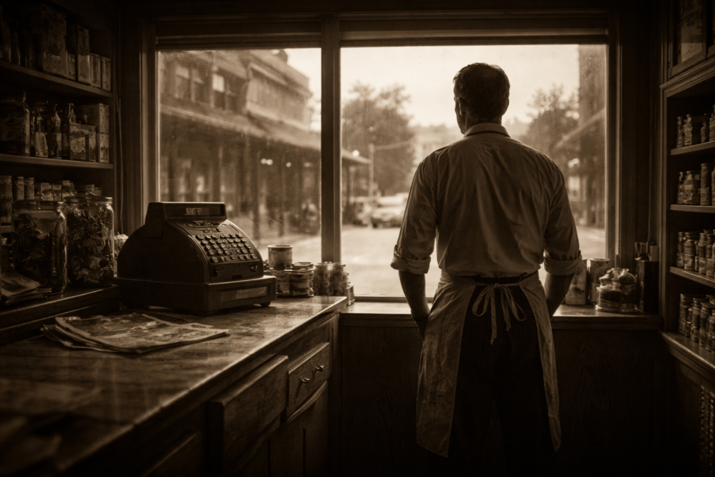 불만의 겨울 식료품점 창밖 바라보는 남자