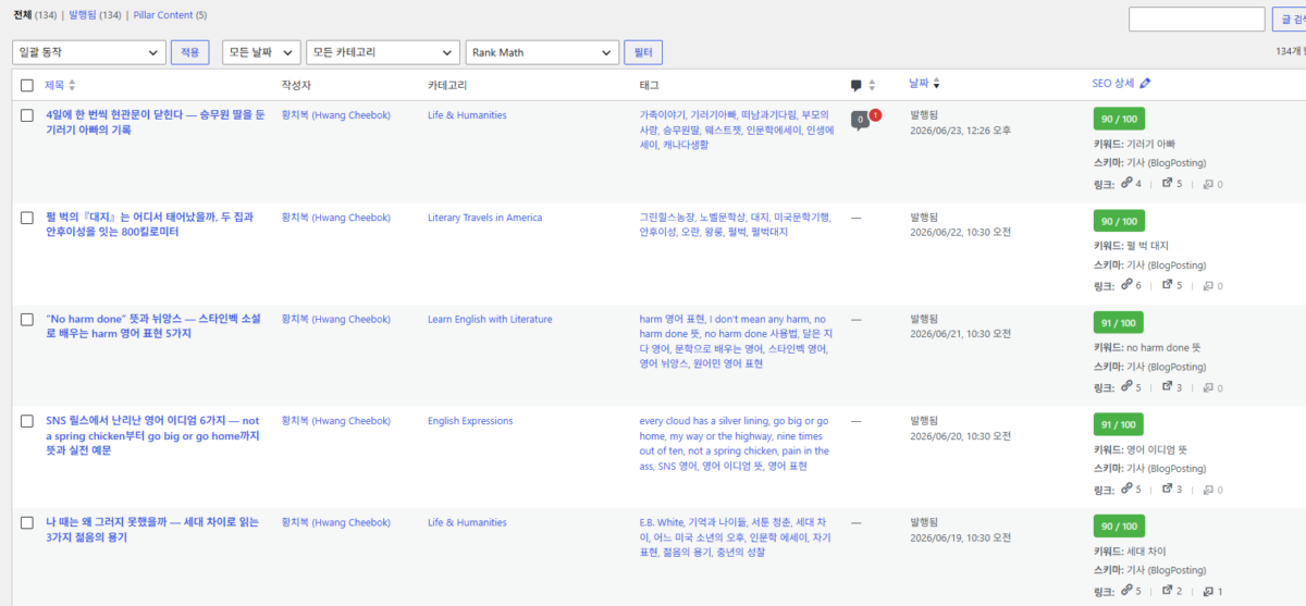 profhwang.com 블로그 글 목록 Rank Math SEO 점수 90점 이상
