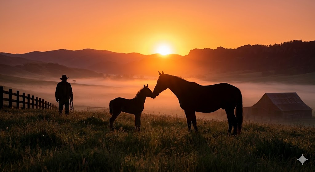 붉은 망아지 빌리 벅 무위 어미 말 새끼 말 동행 자연의 질서 일출