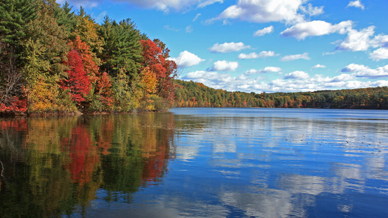 가을 단풍이 물든 소로우의 월든 호수 전경, 매사추세츠주 콩코드