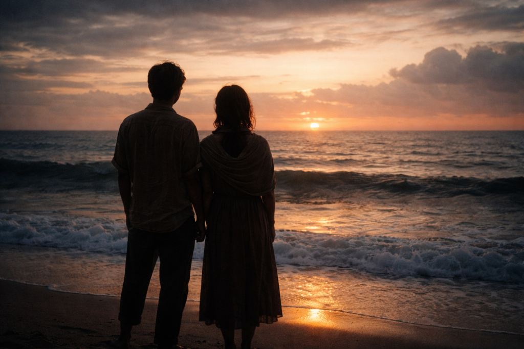 스타인벡 진주 결말 영어표현 side by side — 석양의 바닷가에 나란히 서서 수평선을 바라보는 두 사람의 실루엣