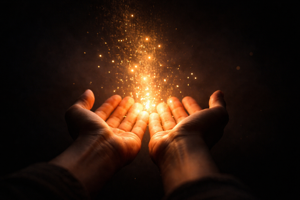 
스타인벡 진주 결말 영어표현 free again — 두 손 위로 빛이 솟구치는 장면, 해방과 자유를 상징