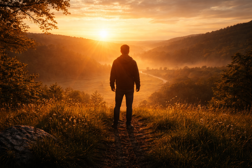 선택과 자유를 상징하는 일출 이미지 — timshel may 조동사 뉘앙스