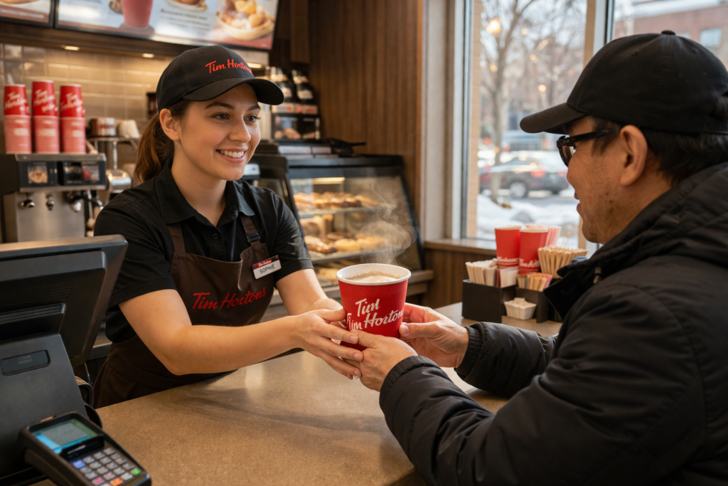 캐나다 팀홀튼 카페에서 점원이 따뜻한 커피를 건네는 장면 — No problem과 말의 온도