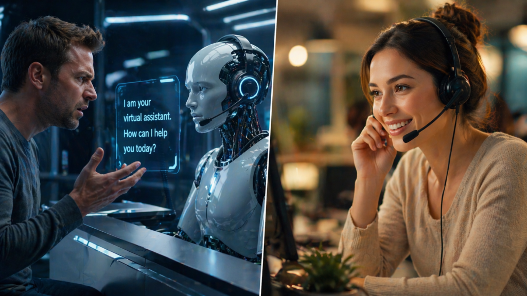 AI 로봇 상담원과 공감 능력을 발휘하는 인간 상담원의 대비 — in the near future 영어 표현