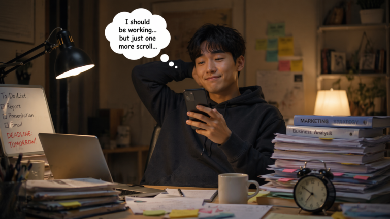 "procrastination 뜻 — 해야 할 일을 미루며 스마트폰을 보는 장면, BBC 영어 표현 학습"