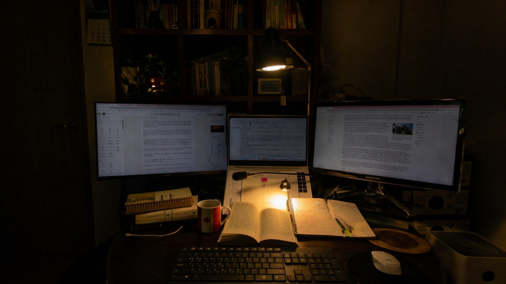 "집이란 무엇인가 — 늦은 밤 전주 서재, 스탠드 불빛 아래 캐나다 머그컵과 펼쳐진 책"