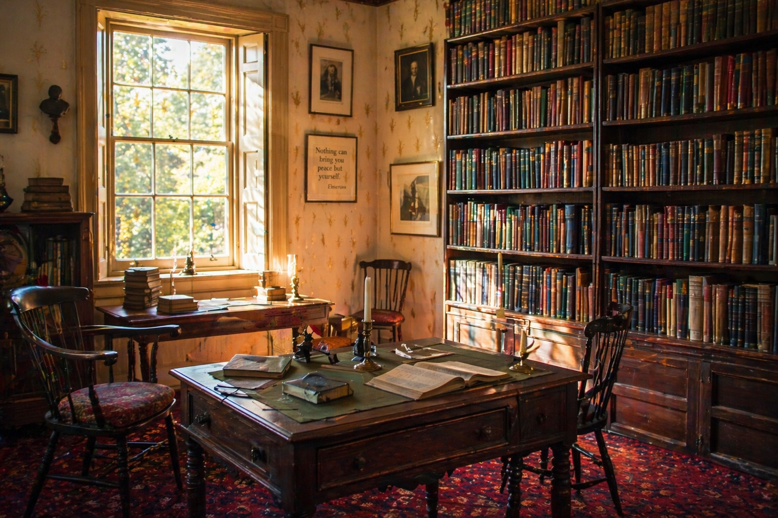 랠프 왈도 에머슨의 서재를 재현한 공간 — 햇살이 드는 창가와 책장, 집필 책상이 있는 19세기 미국 지성의 풍경