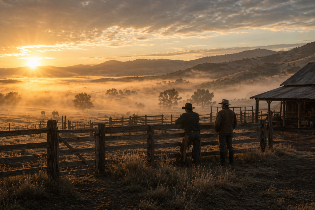 빌리 벅 무위 붉은 망아지 캘리포니아 목장 새벽 일출 두 남자 침묵