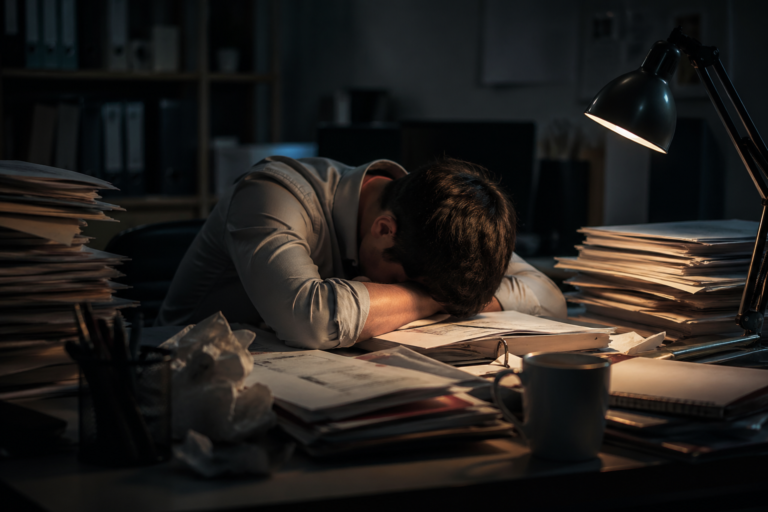 burnout 뜻 — 과로로 완전히 지쳐 책상에 엎드린 사람의 번아웃 상태
