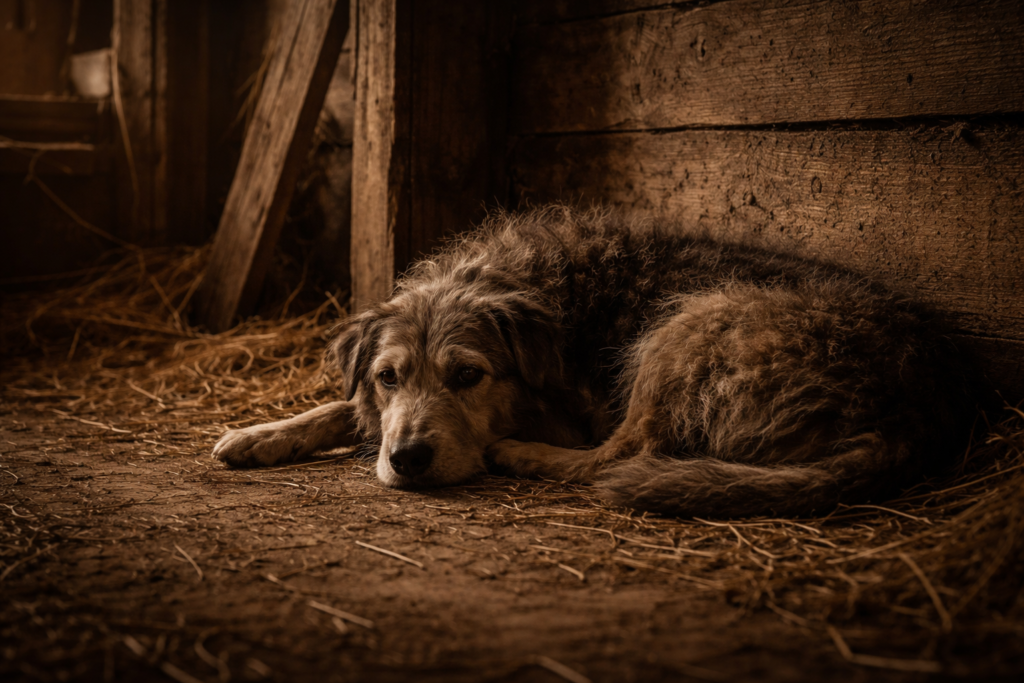 슬픈 눈빛으로 헛간 바닥에 웅크린 캔디의 늙은 개