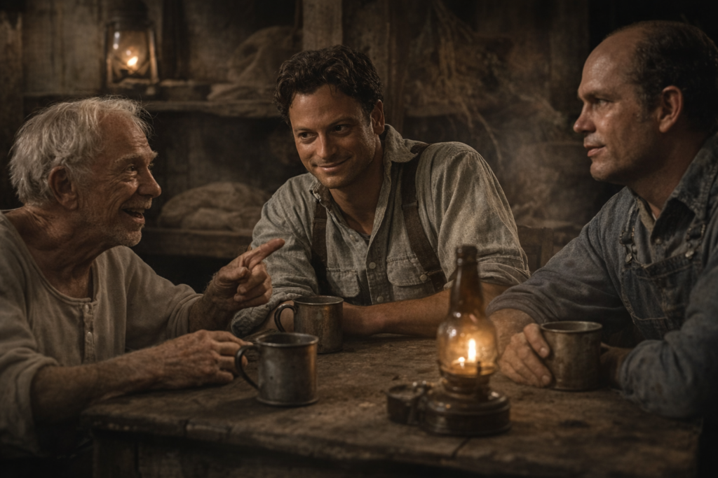 농장 헛간에서 랜턴 불빛 아래 캔디의 늙은 개를 잃은 후 꿈을 나누는 캔디, 조지, 레니