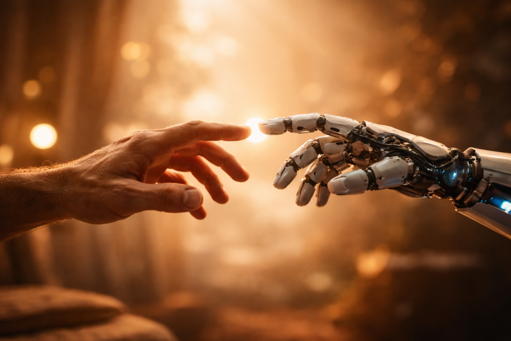 캔디의 늙은 개처럼 쓸모를 두려워하는 인간과 AI의 공존을 상징하는 손의 만남