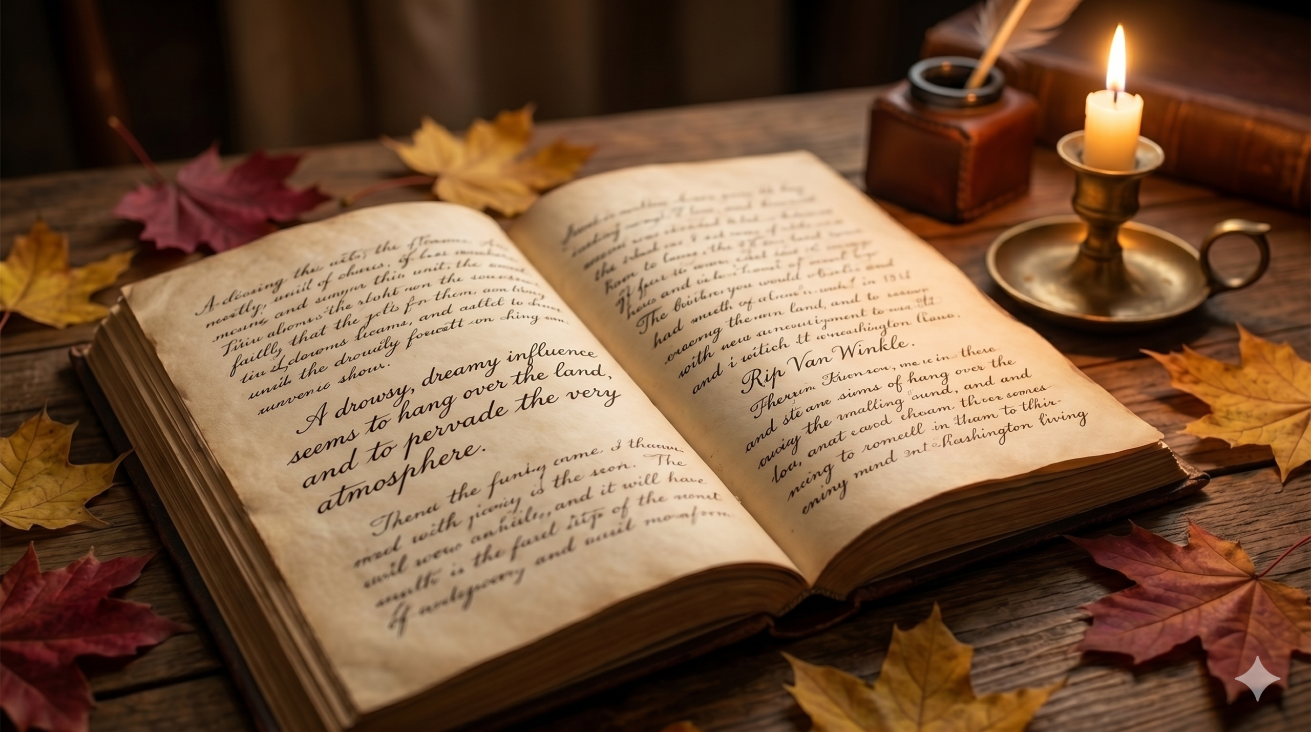 립 반 윙클 영어 표현 — 워싱턴 어빙 원문 필사본과 가을 단풍, 촛불이 있는 19세기 문학 분위기
