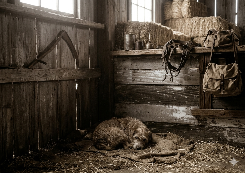 1930년대 농장 헛간 구석 자루 위에 홀로 웅크린 캔디의 늙은 개