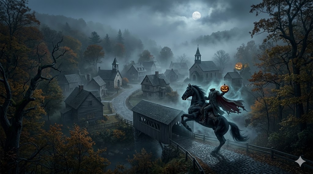 워싱턴 어빙 『슬리피 할로우의 전설』 속 머리 없는 기사가 안개 낀 마을을 질주하는 장면