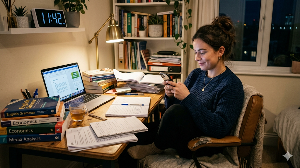  "procrastination 뜻 — 해야 할 일을 미루며 스마트폰을 보는 장면, BBC 영어 표현 학습"