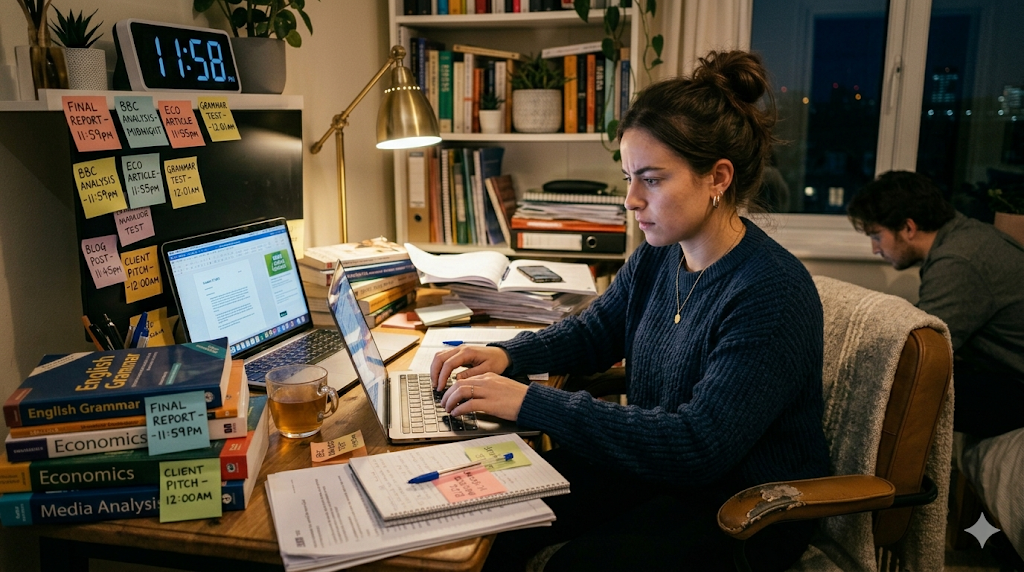  "under pressure 뜻 — 마감 압박 속에서 집중해서 일하는 장면, procrastination 뜻 BBC 영어"