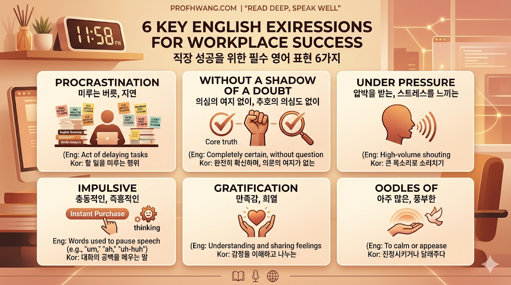 "procrastination 뜻 포함 BBC 영어 핵심 표현 6가지 한눈에 보기 인포그래픽"