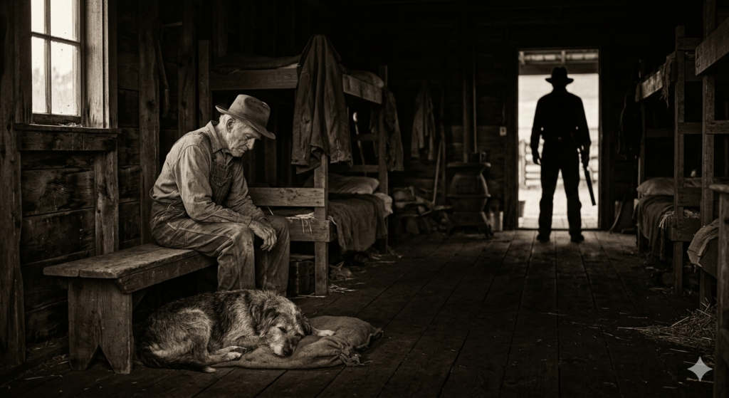 스타인벡 생쥐와 인간 — 캔디와 늙은 개, 
총을 든 칼슨의 실루엣, 1930년대 농장 기숙사 He ain't no good to himself