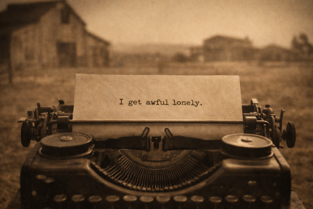 1930년대 타자기에 I get awful lonely 문장이 적힌 종이와 캘리포니아 농장 배경