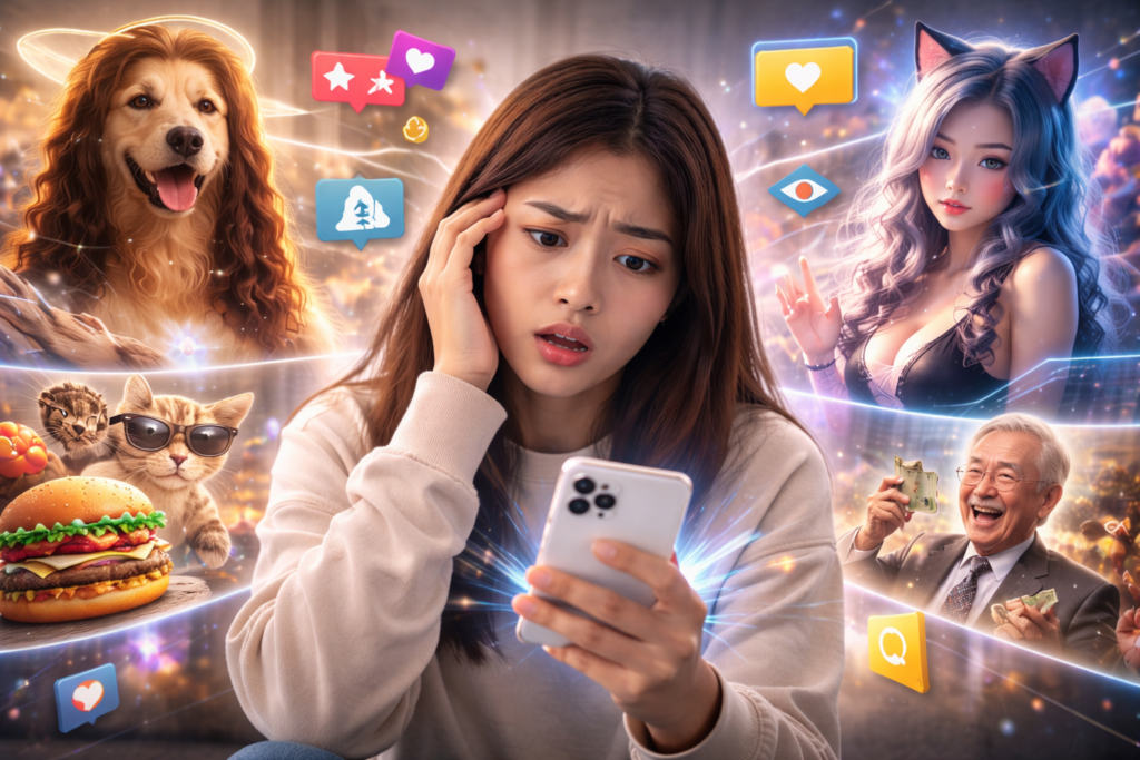 소셜미디어 영어표현 — AI 생성 콘텐츠의 혼란 속에서 당황한 표정의 여성