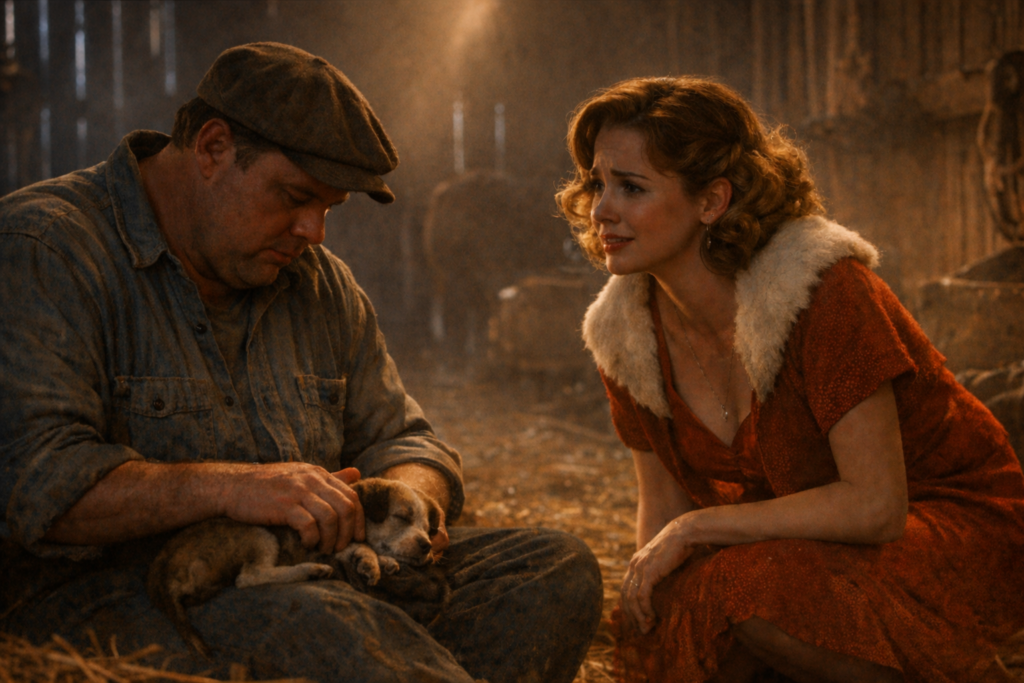 1930년대 미국 농장 헛간에서 레니와 컬리 부인이 대화하는 외로운 장면