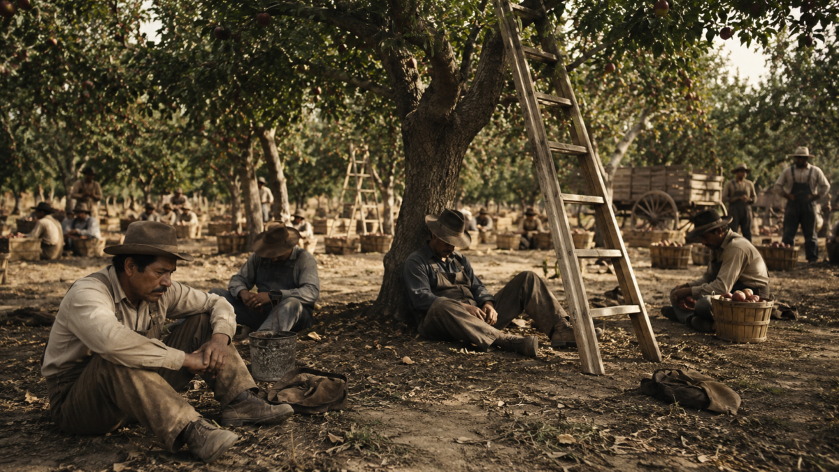  In Dubious Battle 영어 표현 - 1930년대 대공황기 캘리포니아 사과농장에서 지친 이주 노동자들이 나무 아래 쉬는 모습