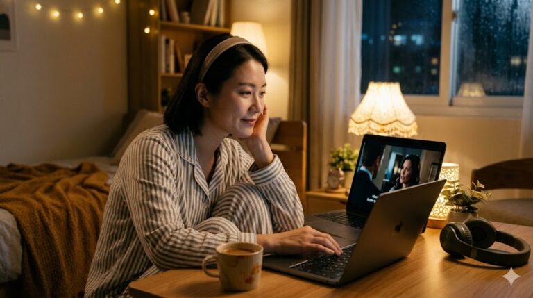 영어 관용어 뜻을 미드로 공부하는 한국인 학습자가 노트북 화면을 보며 영어 표현을 익히는 장면