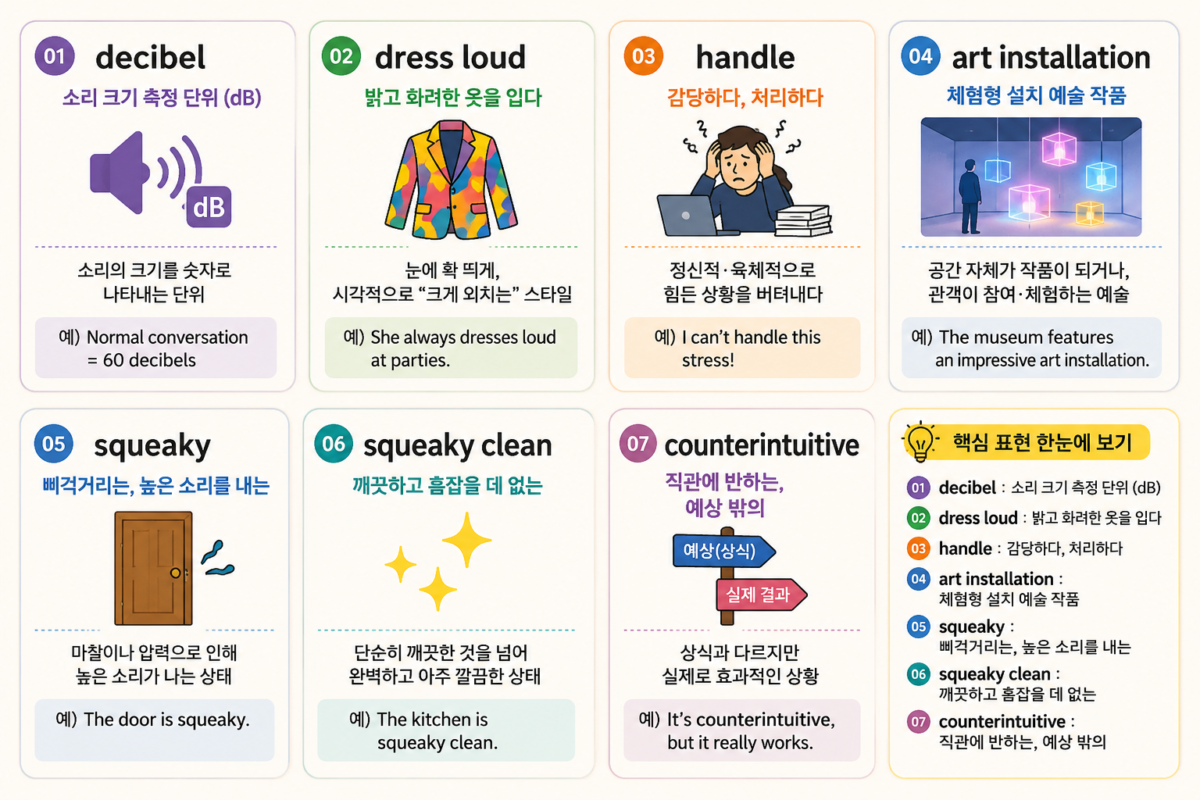 BBC 6 Minute English 도시 소음 에피소드 핵심 영어 표현 7가지 — decibel, dress loud, handle, art installation, squeaky, squeaky clean, counterintuitive 뜻 한눈에 보기 카드뉴스