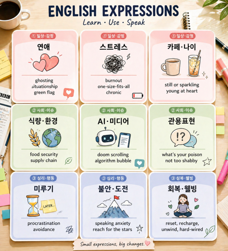 실용 영어표현 시리즈 한눈에 보기 — 일상·감정, 사회·이슈, 심리·행동 3가지 패턴 핵심 표현 정리