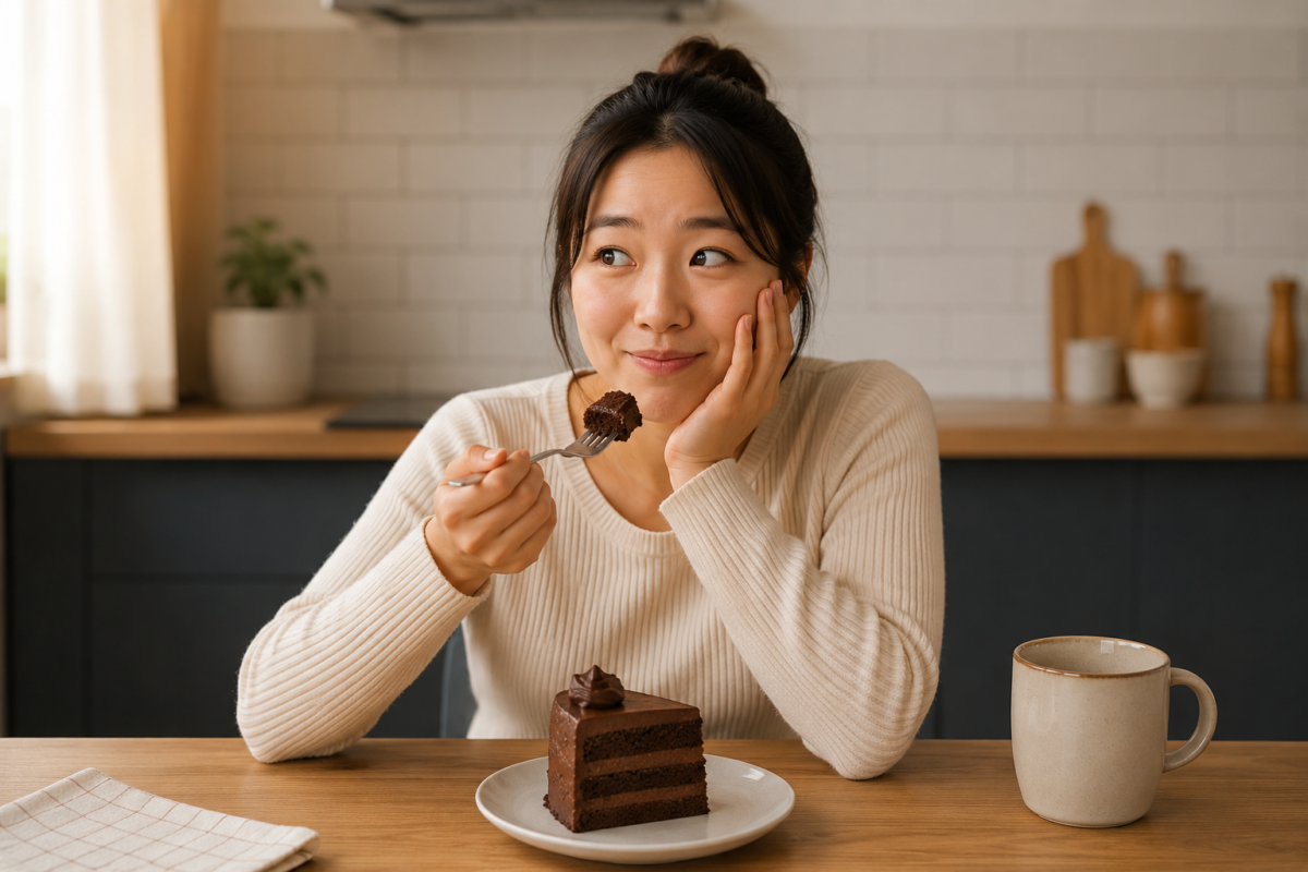 guilty pleasure 뜻 — 초콜릿 케이크를 먹으며 죄책감을 느끼는 표정의 영어 표현 학습 이미지