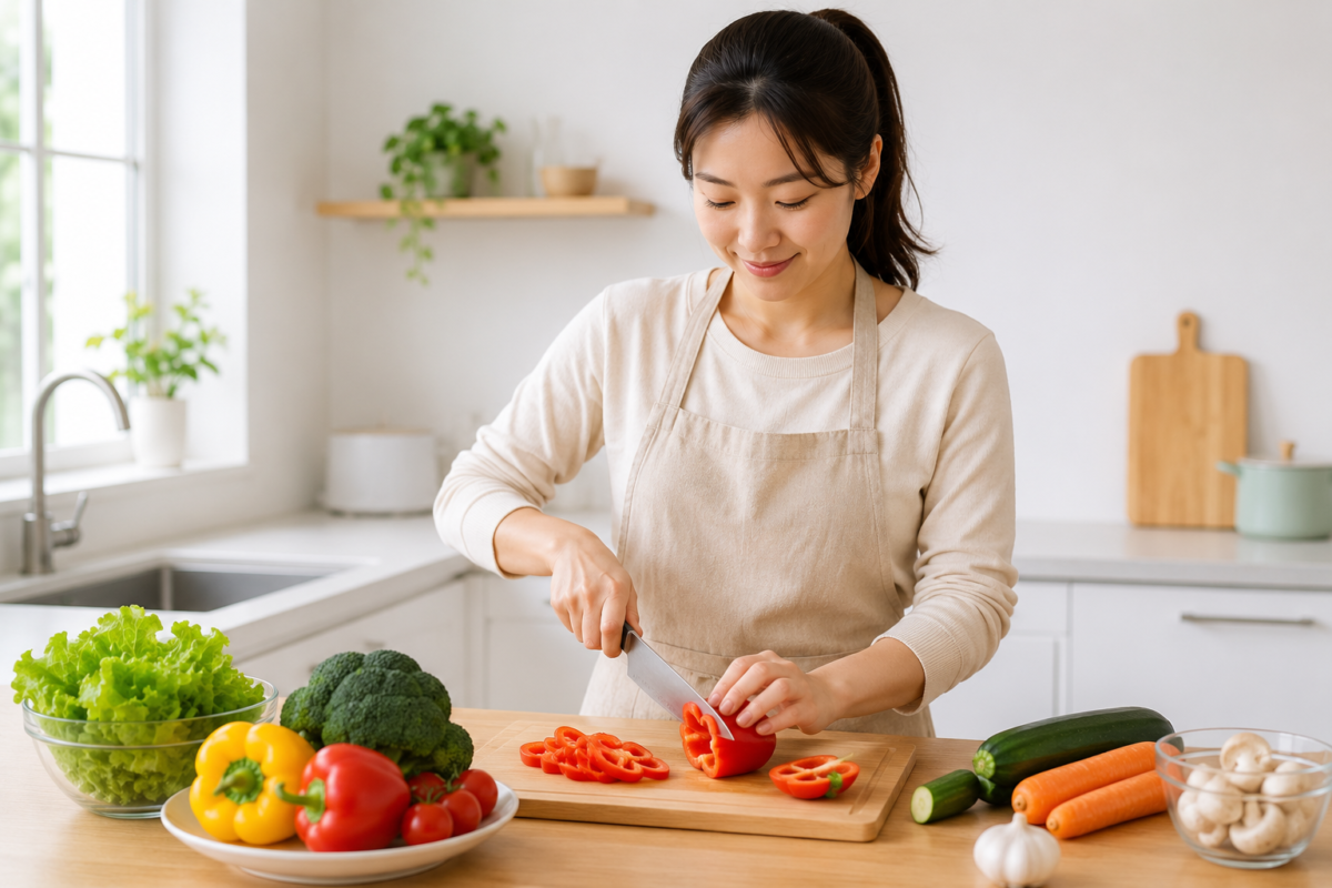 from scratch 뜻 — 신선한 채소를 직접 손질하며 처음부터 요리하는 BBC 영어 표현 학습 이미지