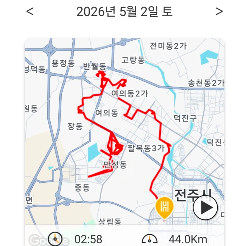 2026년 5월 2일 전주 배달 44km 운행 경로 지도 — 핸들 위의 인문학