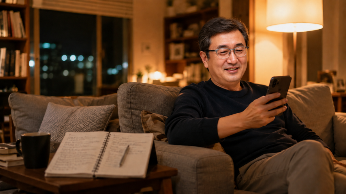 SNS 릴스로 영어 이디엄 뜻을 공부하는 중년 남성