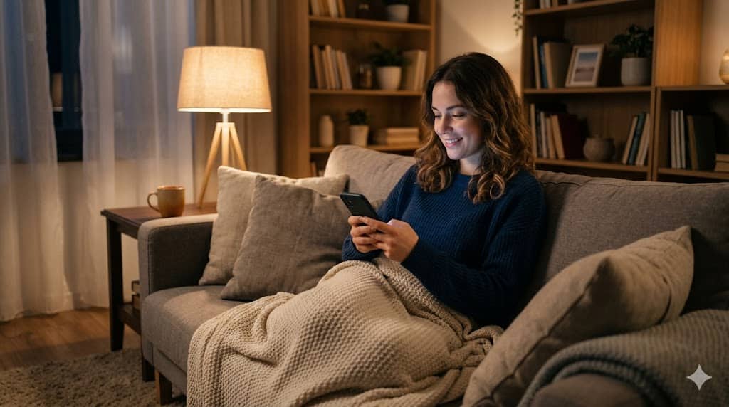 소파에서 스마트폰을 보며 휴식하는 모습, 영어표현 학습 분위기