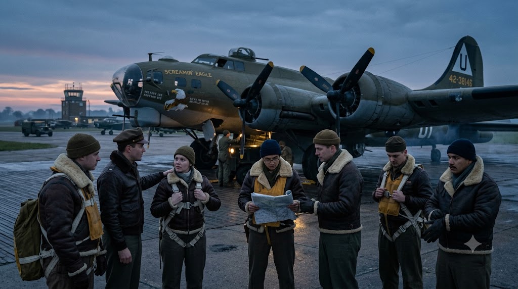 폭격기 출격 - 1942년 새벽 B-17 폭격기 앞에 함께 선 미 육군 항공대 승무원들의 다큐멘터리풍 이미지